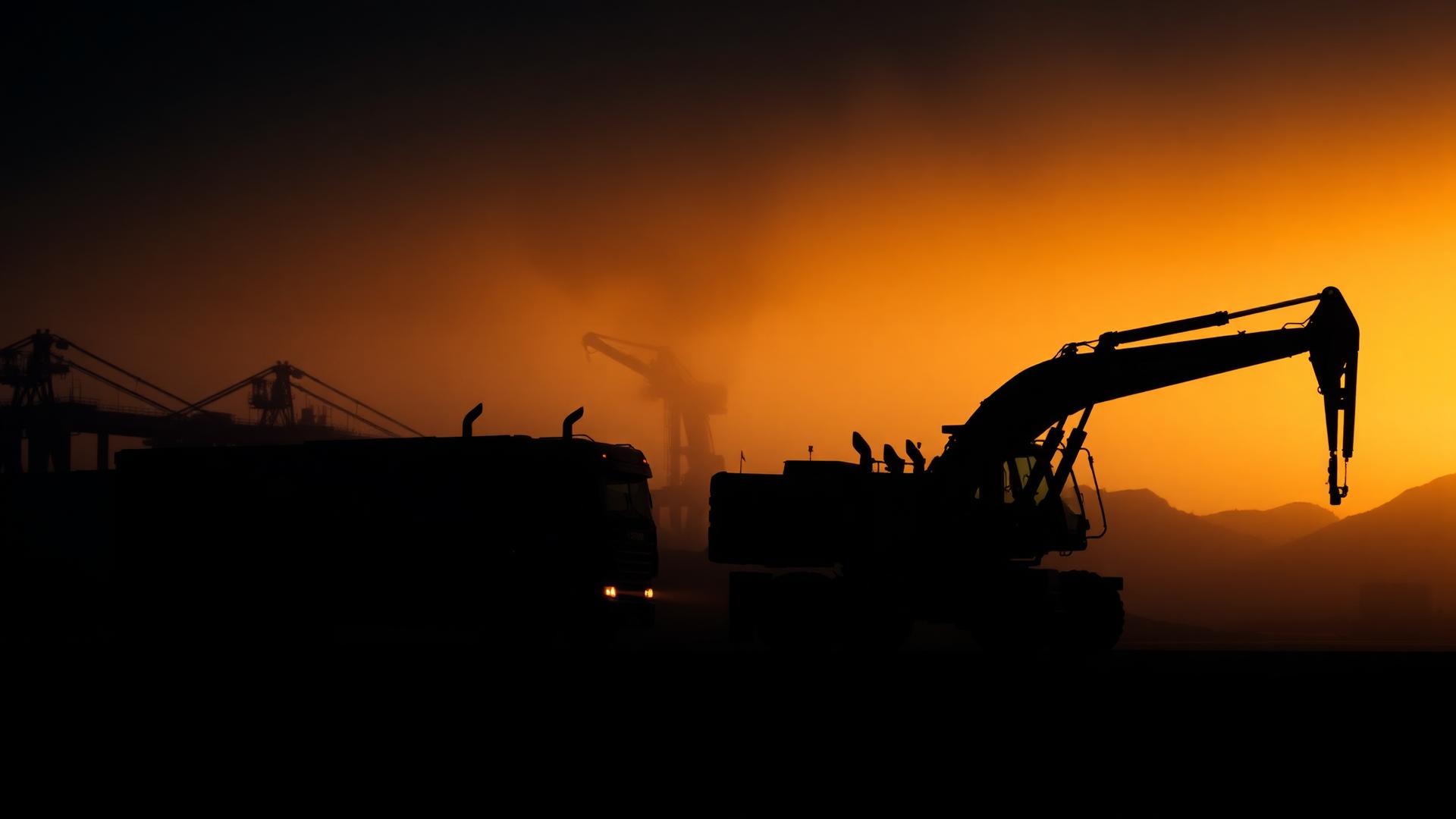 Heavy truck and excavator silhouettes at dusk